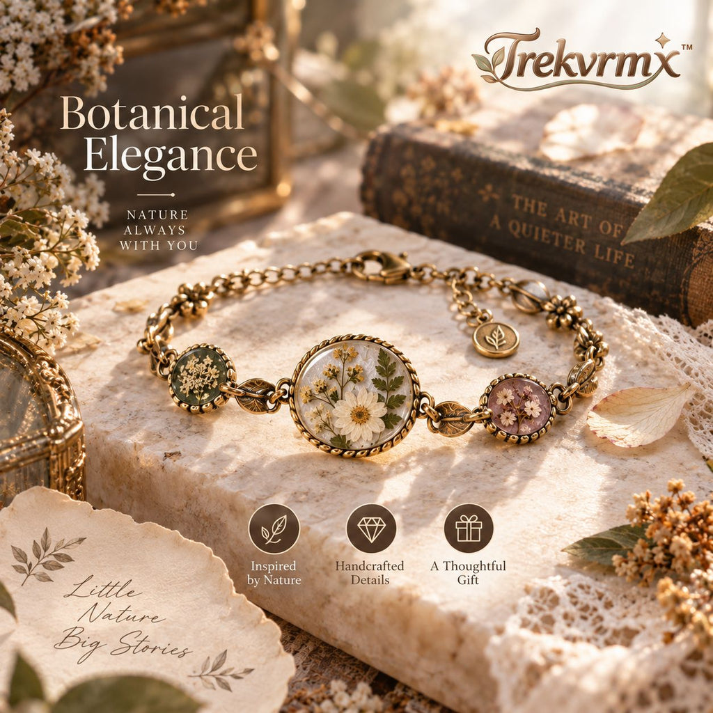 Trekvrmx™ Herbarium Reverie Vintage Botanical Bracelet | Floral-Inspired Handmade Jewelry, Adjustable Art Bracelet