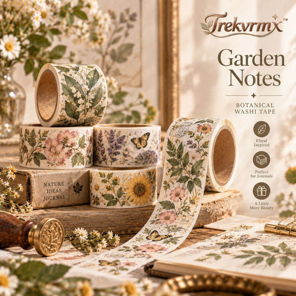 Trekvrmx™ Garden Notes Botanical Illustration Washi Tape | Floral Journal Tape, Scrapbook Planner Craft Tape, 3 m Roll