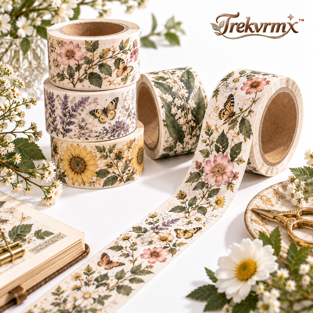 Trekvrmx™ Garden Notes Botanical Illustration Washi Tape | Floral Journal Tape, Scrapbook Planner Craft Tape, 3 m Roll
