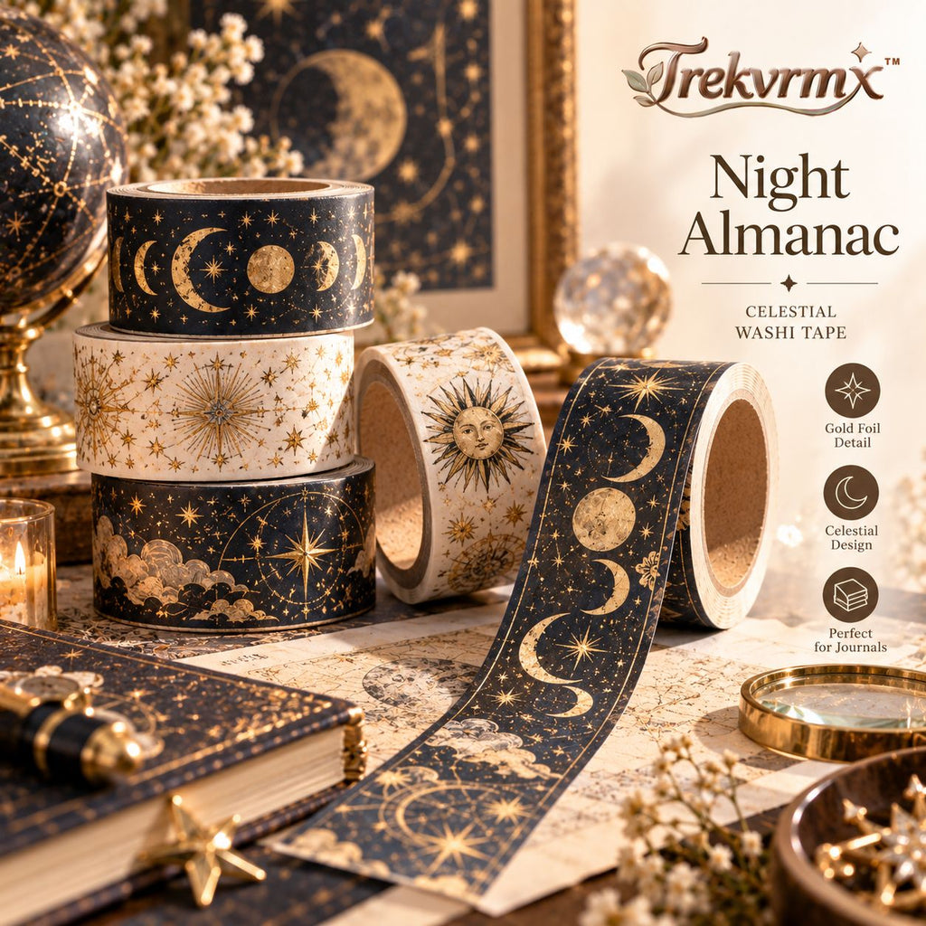 Trekvrmx™ Night Almanac Celestial Gold-Foil Washi Tape | Moon Stars Journal Tape, Foil Planner Scrapbooking Tape, 3 m