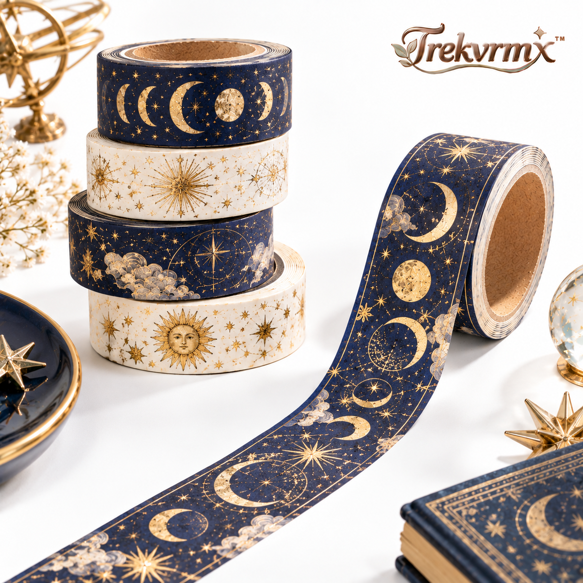 Trekvrmx™ Night Almanac Celestial Gold-Foil Washi Tape | Moon Stars Journal Tape, Foil Planner Scrapbooking Tape, 3 m