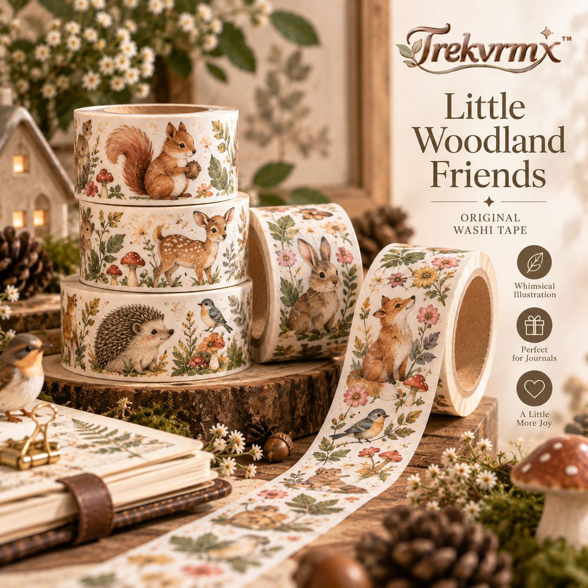 Trekvrmx™ Little Woodland Friends Animal Washi Tape | Cute Illustrated Journal Tape, Planner Scrapbook Craft Tape, 3 m