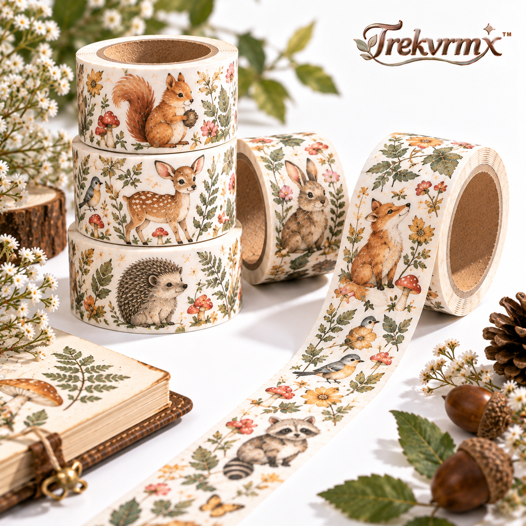 Trekvrmx™ Little Woodland Friends Animal Washi Tape | Cute Illustrated Journal Tape, Planner Scrapbook Craft Tape, 3 m