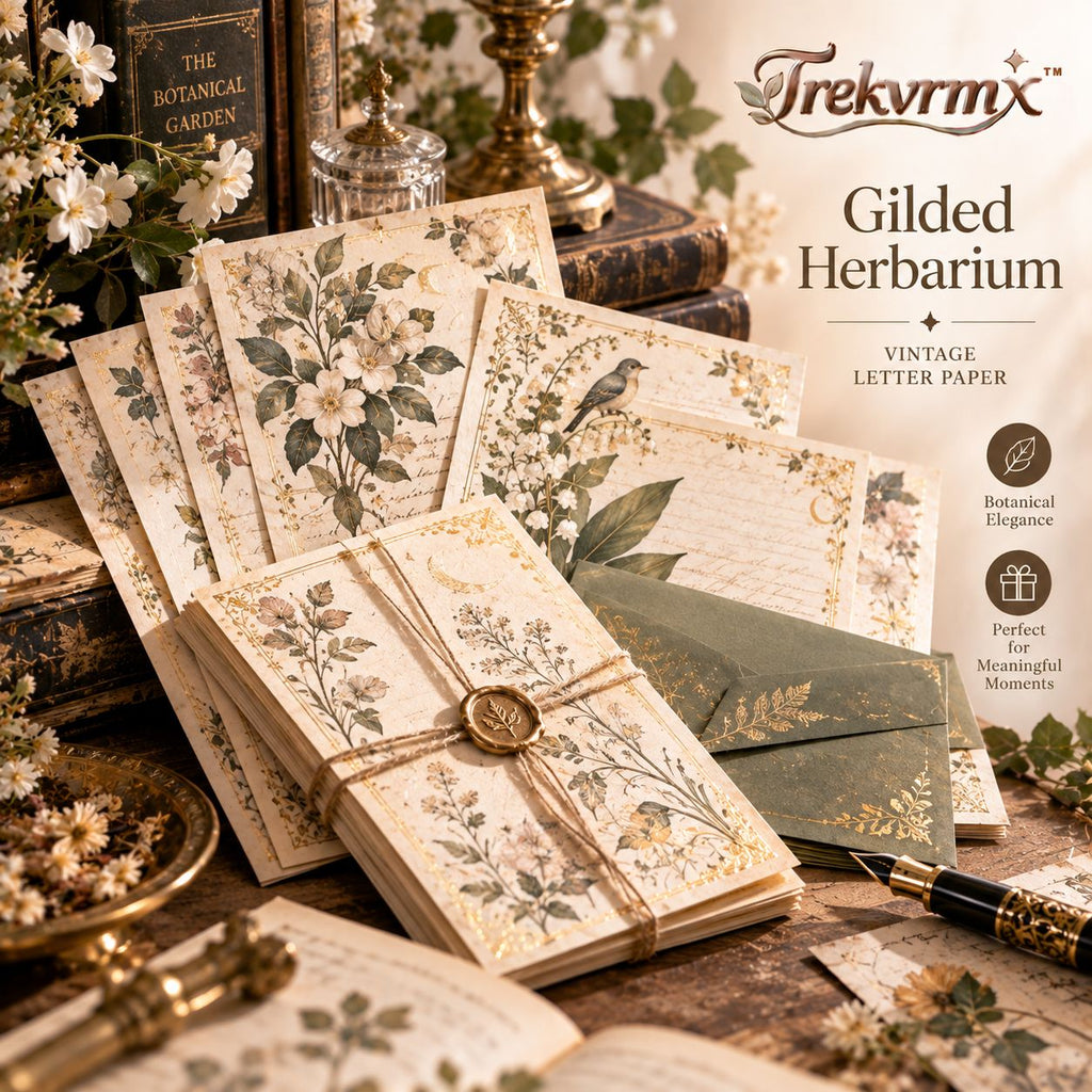 Trekvrmx™ Gilded Herbarium Vintage Letter Paper | Original Gold-Foil Botanical Stationery, 20 Writing Sheets