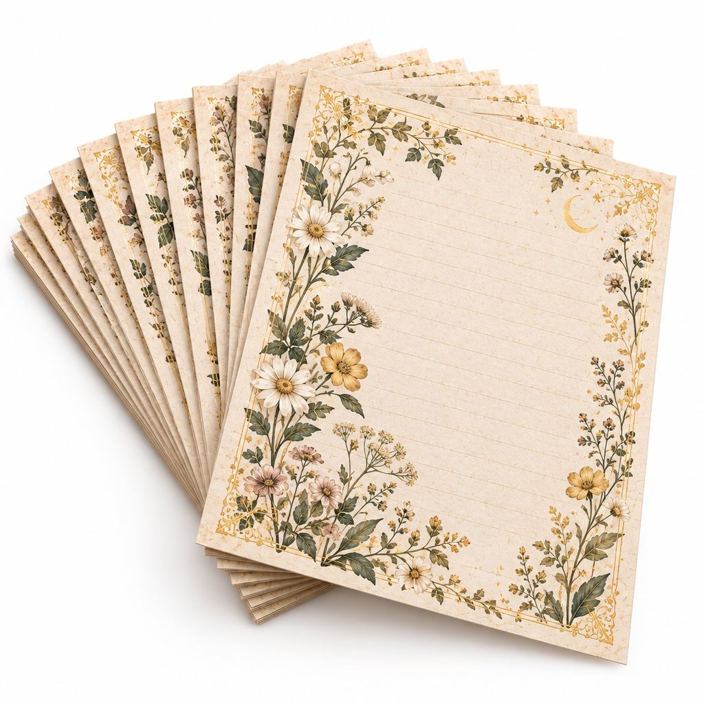 Trekvrmx™ Gilded Herbarium Vintage Letter Paper | Original Gold-Foil Botanical Stationery, 20 Writing Sheets