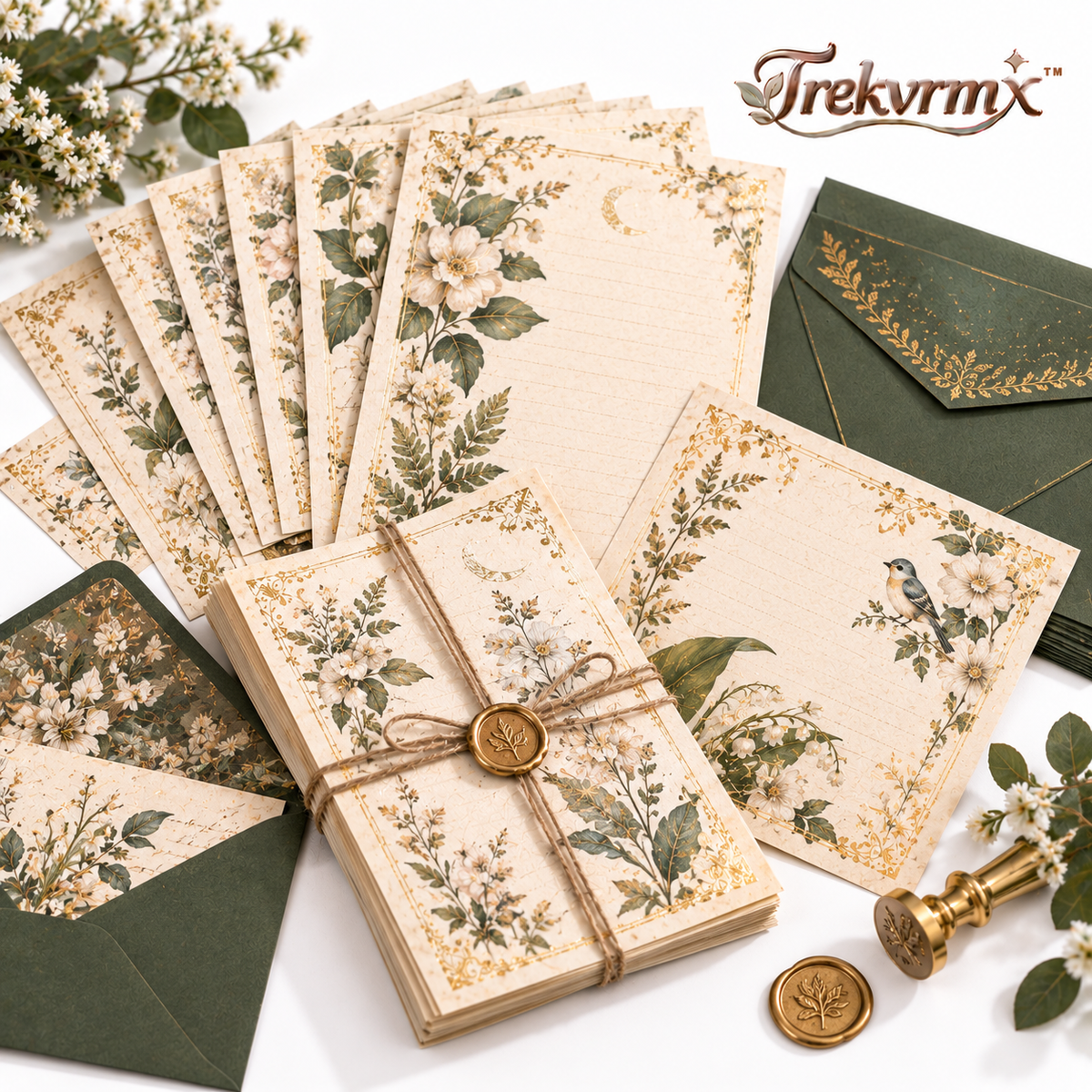 Trekvrmx™ Gilded Herbarium Vintage Letter Paper | Original Gold-Foil Botanical Stationery, 20 Writing Sheets
