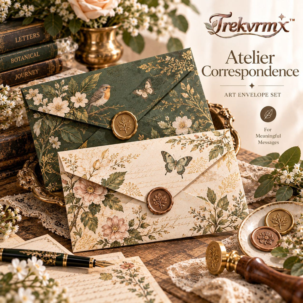 Trekvrmx™ Atelier Correspondence Art Envelope Set | Original Illustrated Vintage Envelopes, 2 Envelopes + Wax Seal Accents