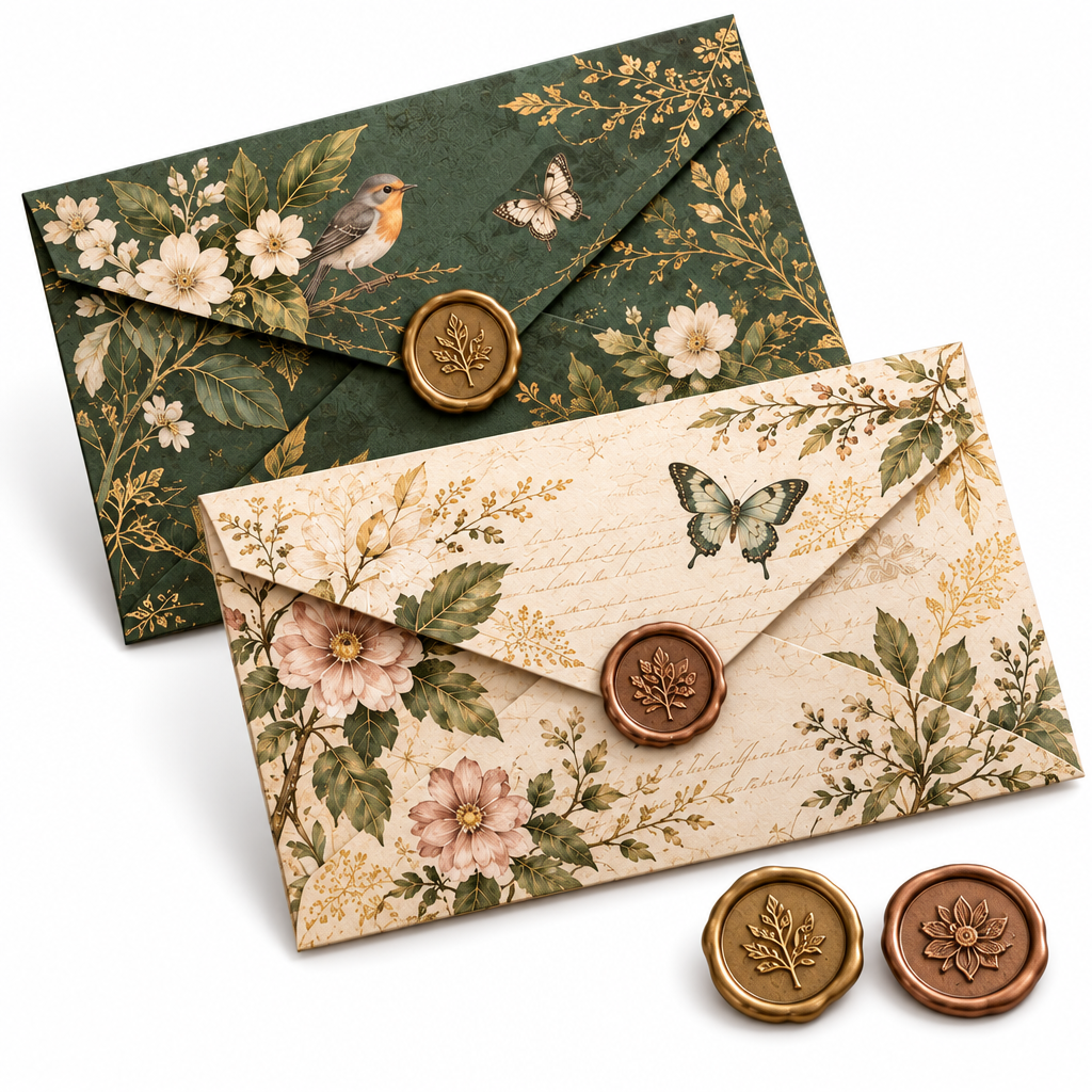Trekvrmx™ Atelier Correspondence Art Envelope Set | Original Illustrated Vintage Envelopes, 2 Envelopes + Wax Seal Accents