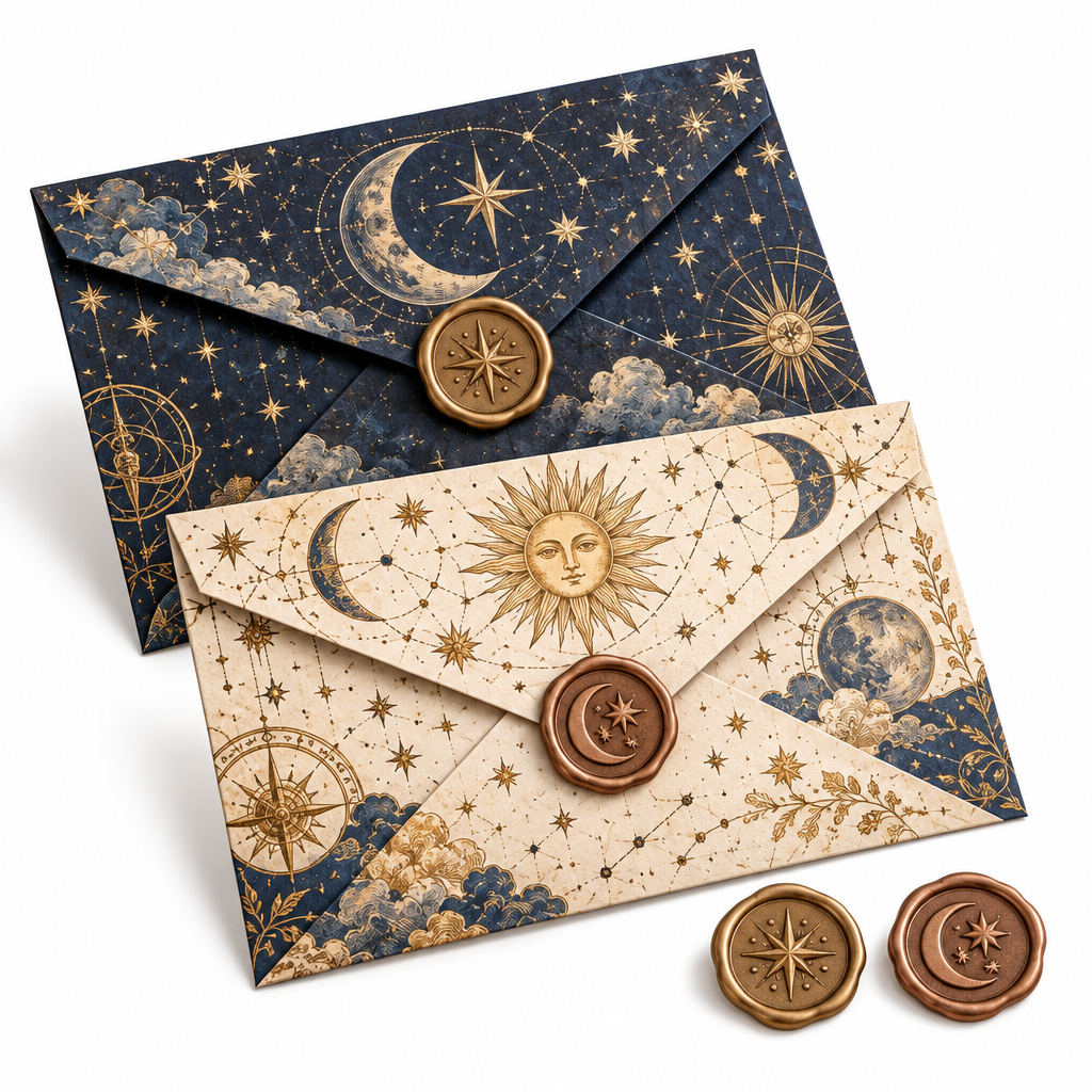 Trekvrmx™ Atelier Correspondence Art Envelope Set | Original Illustrated Vintage Envelopes, 2 Envelopes + Wax Seal Accents