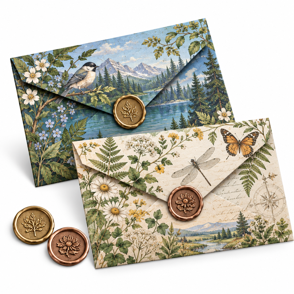 Trekvrmx™ Atelier Correspondence Art Envelope Set | Original Illustrated Vintage Envelopes, 2 Envelopes + Wax Seal Accents