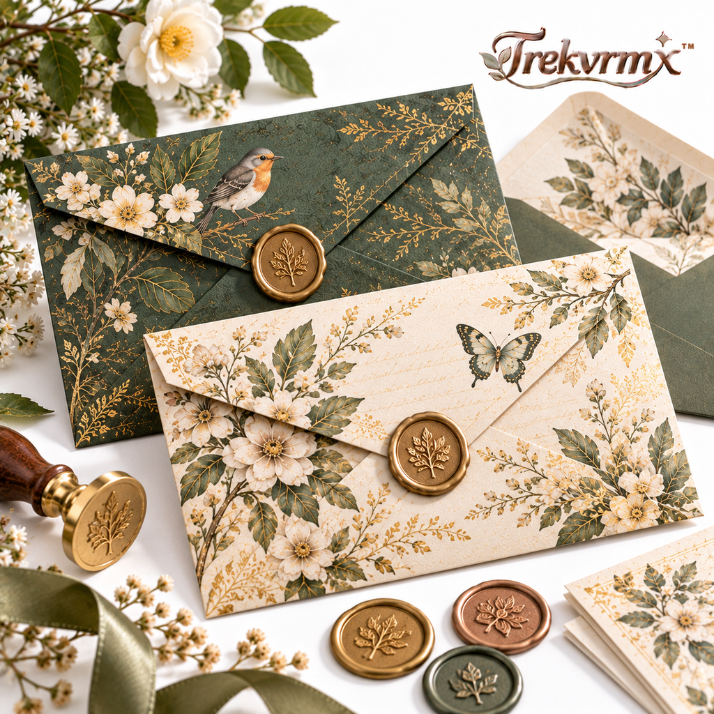 Trekvrmx™ Atelier Correspondence Art Envelope Set | Original Illustrated Vintage Envelopes, 2 Envelopes + Wax Seal Accents