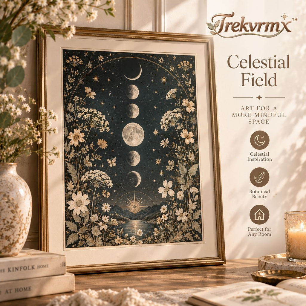 Trekvrmx™ Celestial Field Moon & Botanical Art Print | Moon Phase Wall Art, Modern Vintage Celestial Decor