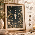 Trekvrmx™ Celestial Field Moon & Botanical Art Print | Moon Phase Wall Art, Modern Vintage Celestial Decor
