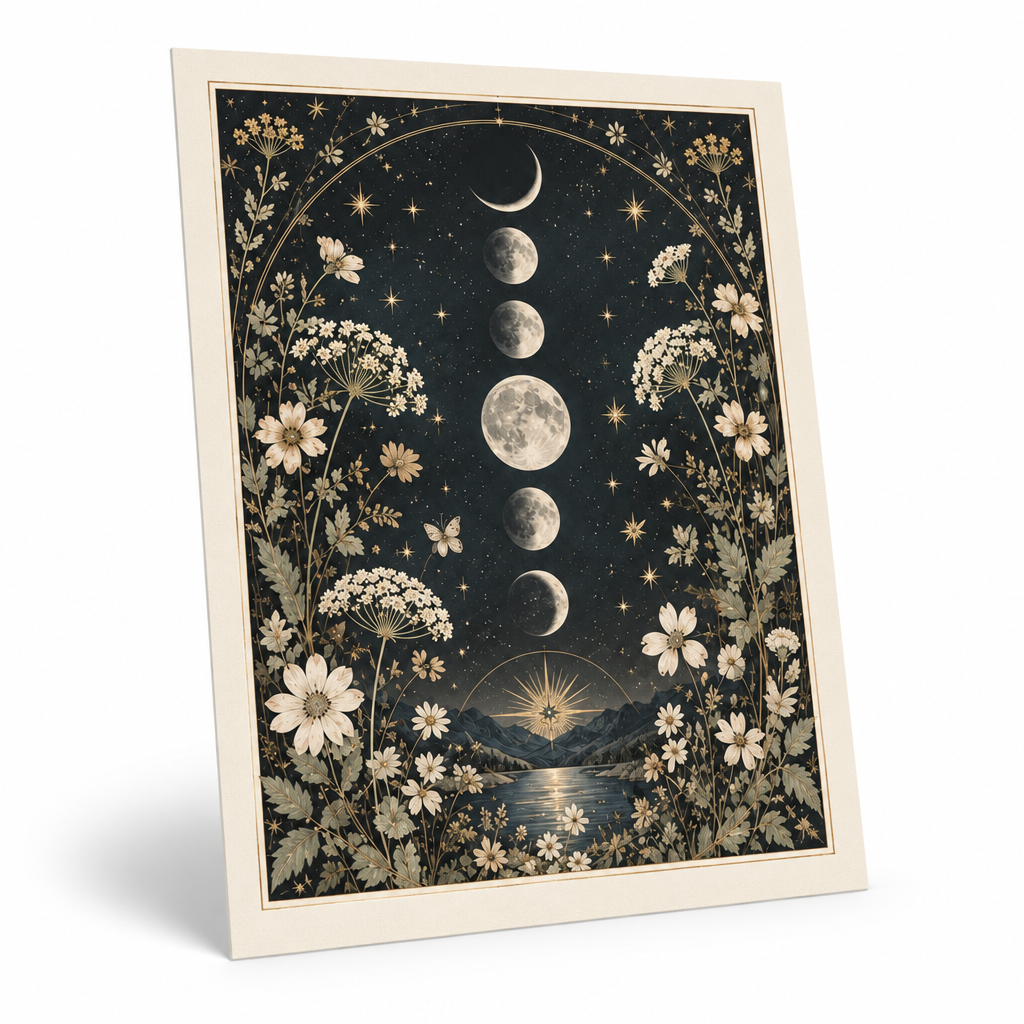 Trekvrmx™ Celestial Field Moon & Botanical Art Print | Moon Phase Wall Art, Modern Vintage Celestial Decor