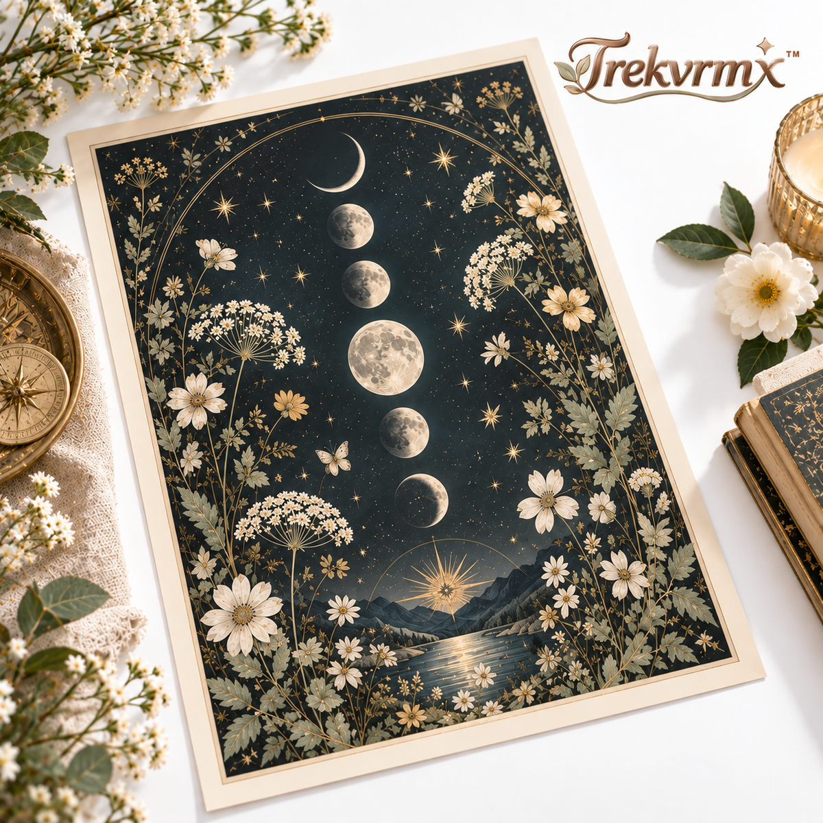 Trekvrmx™ Celestial Field Moon & Botanical Art Print | Moon Phase Wall Art, Modern Vintage Celestial Decor