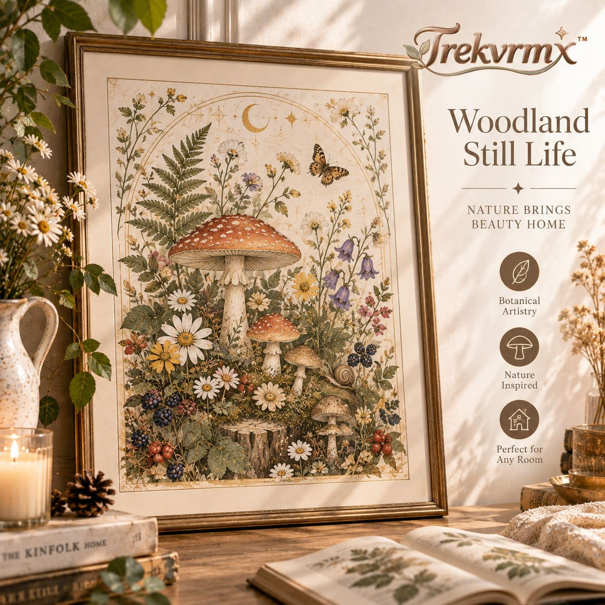 Trekvrmx™ Woodland Still Life Illustrated Art Print | Mushroom Wildflower Nature Wall Decor, Original Artwork