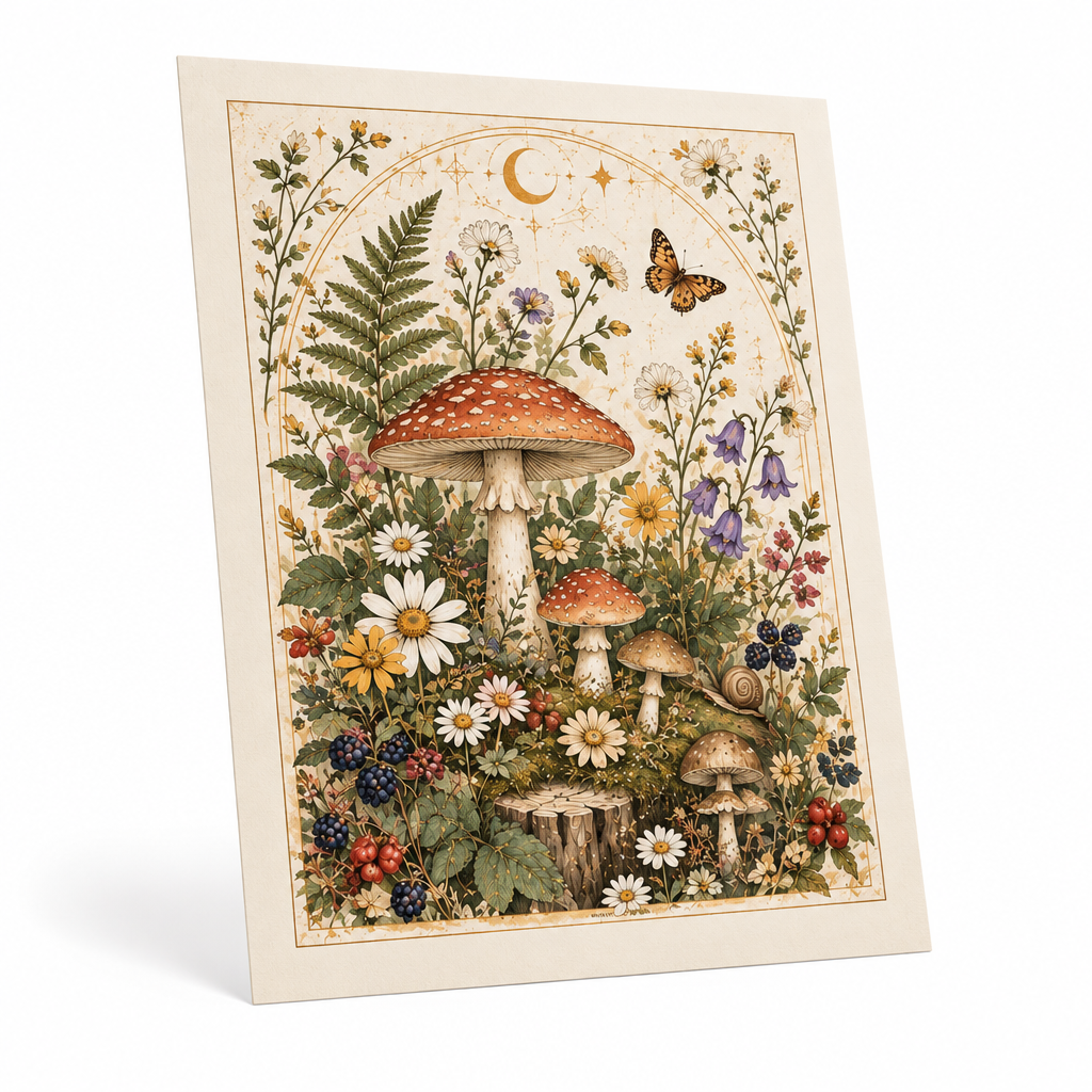Trekvrmx™ Woodland Still Life Illustrated Art Print | Mushroom Wildflower Nature Wall Decor, Original Artwork